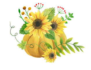 Pumpkin decorated with autumn elements, watercolor illustration on a white background, watercolor flowers, pumpkin