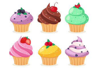 Set of cupcakes on white background. Sweet pastries decorated with cherry, raspberry, strawberry, blueberry. Vector illustration in flat style.