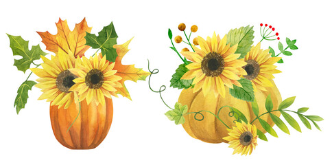 Watercolor set of autumn elements, watercolor illustration on white background, watercolor sunflower, pumpkin