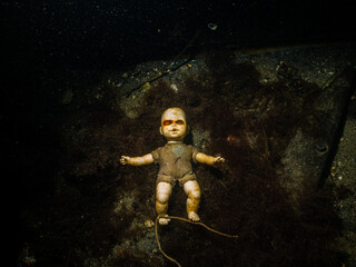 A scary doll underwater at a wreck dive. Picture from The Sound outside Malmo, southern Sweden