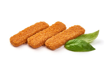 Crumbed fish fingers, isolated on white background