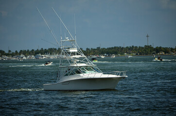 Sport fishing boat cruising the Florida Intra-Coastal Waterway off of Bal Harbor.