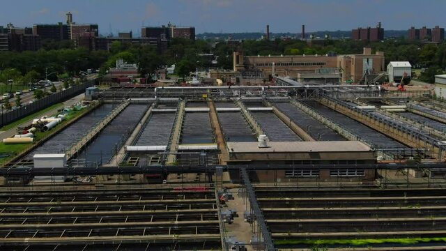 Aerial Flyover View of an Industrial Waste Water Plant in Brooklyn