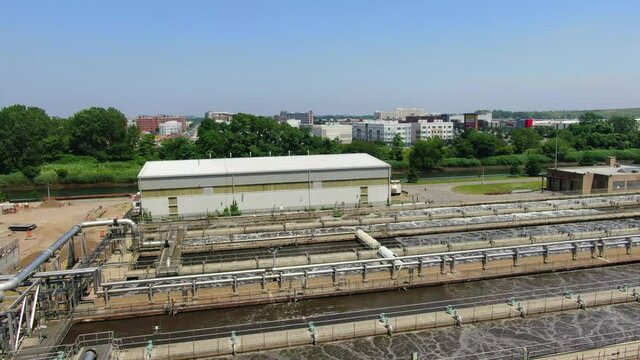 Aerial Pan View of an Industrial Waste Water Plant in Brooklyn