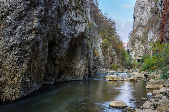 Unique view of beautiful, narrow canyon of Jerma river in Serbia, during autumn