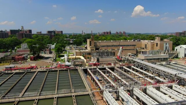 Aerial Pan View of an Industrial Waste Water Plant in Brooklyn