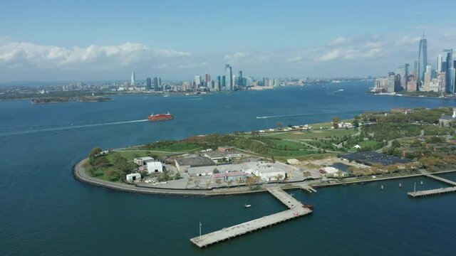 Flying clockwise around Governor's Island with NYC in background