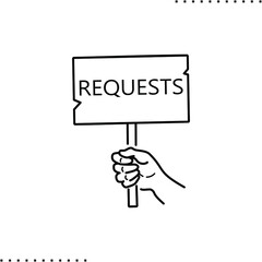 request information, hand holds banner vector icon in outlines