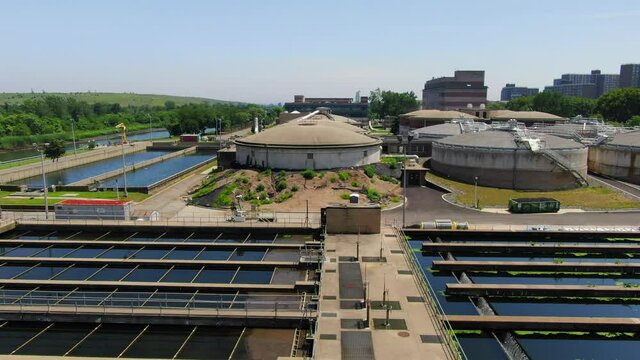 Aerial Flyover Shot of an Industrial Waste Water Plant in Brooklyn