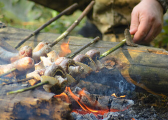Cooking food outdoors on camp fire