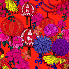 Fototapeta na wymiar Creative seamless pattern with hand drawn chinese art elements: phoenix, lantern, fan and flowers. Trendy print. Fantasy chinese phoenix, great design for any purposes. Asian culture. Abstract art.