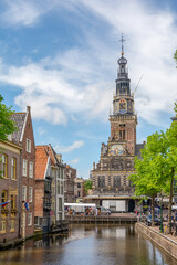 Alkmaar, The Netherlands - April 26, 2019. Street view of Alkmaar city in the province of North Holland. Old traditional Dutch houses.