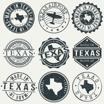 Texas Set of Stamps. Travel Stamp. Made In Product. Design Seals Old Style Insignia.