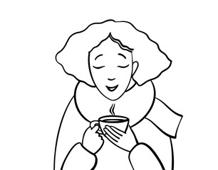 The young woman with a hot drink. Enjoy winter.