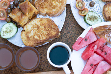 Albanian traditional food for breakfast top view