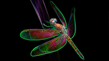 multicolored dragonfly on a leaf, macro photo of this elegant and fragile predator with wide wings and giant colorful eyes, digital neon light effect, black background, Thailand - obrazy, fototapety, plakaty