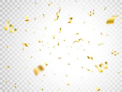 Golden confetti on transparent background. Luxury gold confetti border. Bright festive tinsel. Celebration party backdrop. Holiday design elements for web banner, poster, flyer. Vector illustration