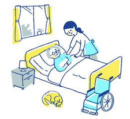 介護イメージ　ベッドにいるシニア女性と介護する女性