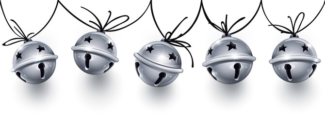 Christmas holiday decoration garland. Silver jingle bells on the rope. Festive seamless pattern with banner with realistic sleigh bells handing for christmas greeting card design. Illustration.