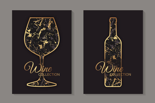 Modern abstract luxury card templates for wine tasting invitation or bar and restaurant menu or banner or logo with golden glasses and marble texture on a black background.