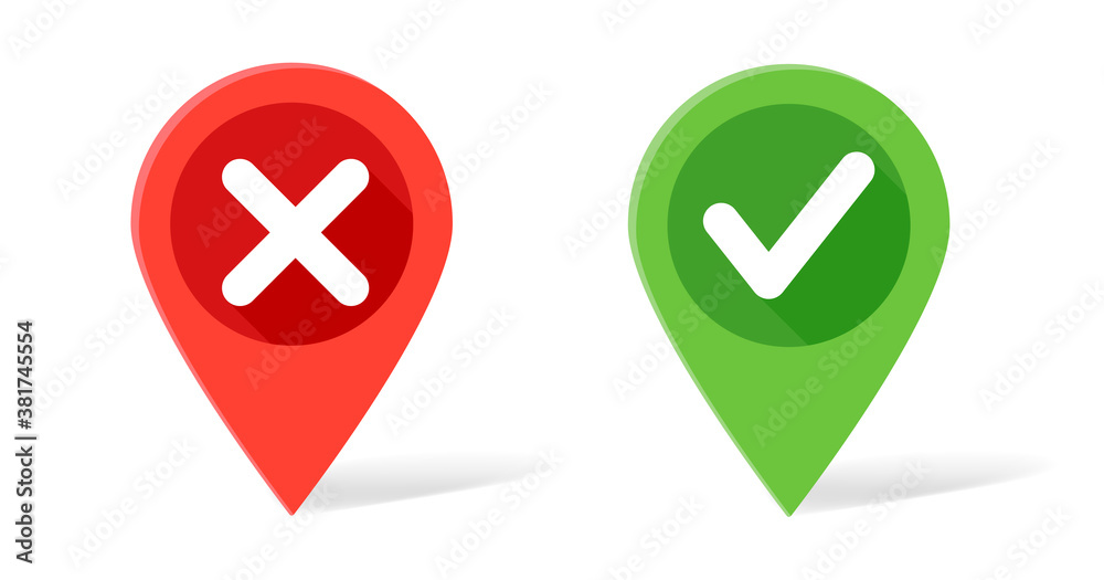 Poster map pointer in red and green colors with check mark and crosses. vector flat illustrations.