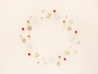 Christmas decorations flat lay frame mockup, round shape border with copy space