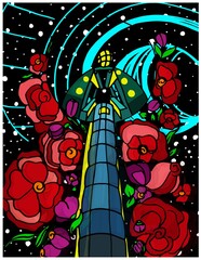 Train in space, surrounded by flowers, star space and geometric lines.  - 381745799