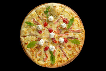 Pizza Philadelphia - Caesar sauce, cheese, cold smoked salmon, cherry tomatoes, cream cheese, parmesan.