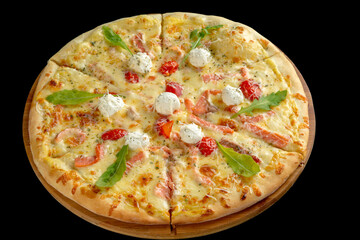 Pizza Philadelphia - Caesar sauce, cheese, cold smoked salmon, cherry tomatoes, cream cheese, parmesan.