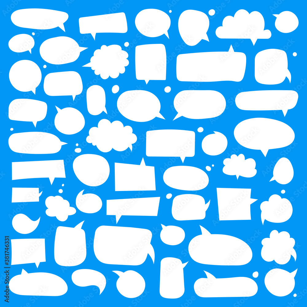 Poster Big set of dialog boxes different variants drawn by hand. Vector flat illustrations. Collection white doodle for talk, dialogue, decoration on blue background