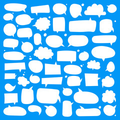 Big set of dialog boxes different variants drawn by hand. Vector flat illustrations. Collection white doodle for talk, dialogue, decoration on blue background