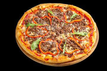 Bolognese pizza with ground beef, cheese, bolognese sauce, bell pepper and parmesan