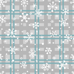 Vector seamless check pattern with hand drawn snowflakes. Cute design for Christmas wrappings, textile and backgrounds