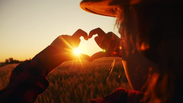 little kid girl showing heart gesture a with her hands. farmer eco girl in hat silhouette in wheat field shows love of agriculture with heart with fingers. kid dream agriculture concept
