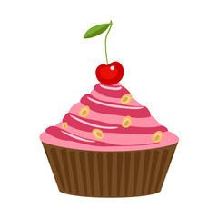 Vector cake with cream and cherry isolated on a white background. cupcake with pink cream and berry