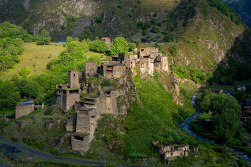 Old Fortress in mountain village Shatili, ruins of medieval castle