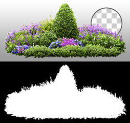 Cutout flower bed.
Garden design isolated on transparent background via an alpha channel. Flowering...