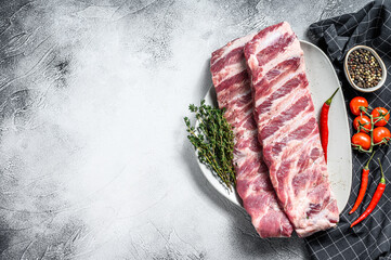 Fresh raw lamb spare ribs with spices and herbs. Gray background. Top view. Copy space