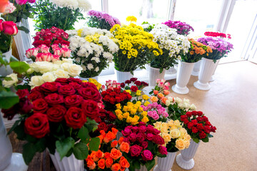 Fresh Cut Flowers And Arrangements In Florist Shop, Tracking Shot