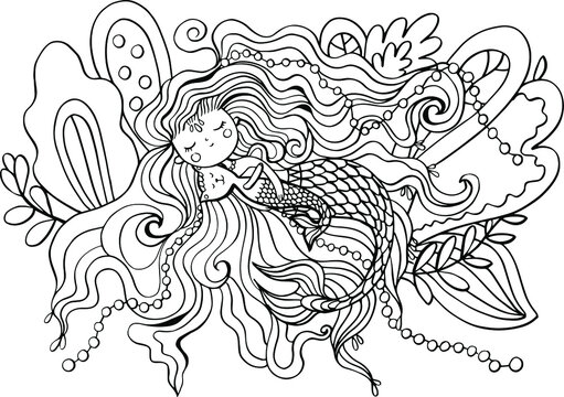 coloring book with a beautiful mermaid girl who hugs a mermaid cat. Fabulous illustration for coloring. Hand drawing