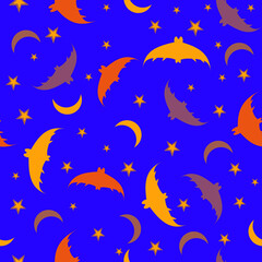 Fototapeta na wymiar Bats with moon and stars on a purple background. Ideas for Halloween. Seasonal seamless pattern. For fabric, textile and background. Vector illustration.