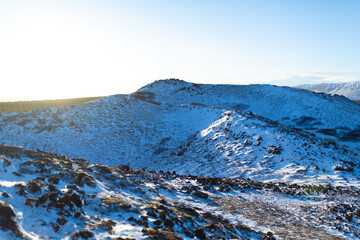 Iceland's incredible mountain landscape in winter. Mountains in the snow. Large spaces. The beauty of winter nature