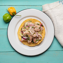 Mexican shrimp raw aguachile on turquoise background
