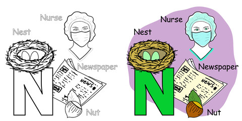 English alphabet coloring book page for children. Letter N is for Nurse, Nut, Nest, Newspaper. Vector illustration.
