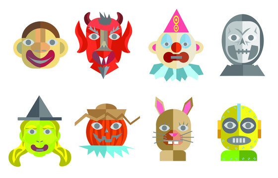 a set of scary and cute halloween characters based on vintage creepy masks