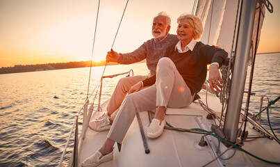 Beautiful and happy senior couple in love sitting on the side of sailboat or yacht deck floating in...