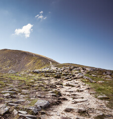 A rocky path leading to the summit of Ben Vorlich located in the southern part of the Highlands of Scotland