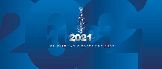 We wish you a Happy New Year 2021 sparkle firework shining silver blue greeting card
