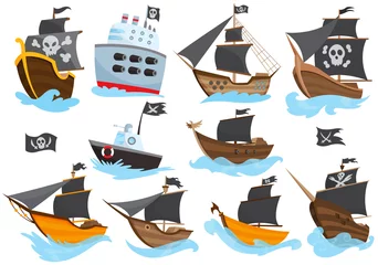 Fotobehang Piraten Set van verschillende typen gestileerde cartoon piratenschepen illustratie met zwarte zeilen. Galjoenen met afbeelding Jolly Roger. Leuke vectortekening. Verzameling piratenschepen die op het water varen