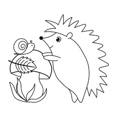 Cute hedgehog, snail and mushroom drawn in a doodle style. Vector outline illustration isolated on white background. Coloring book page.